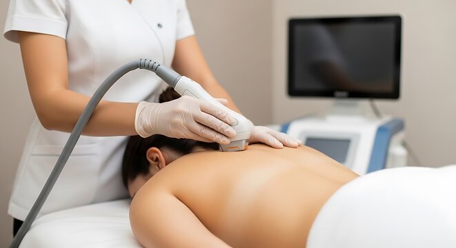 Medical performing ultrasound on patient back medical treatment
