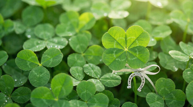 Clover Field Macro Four Leaf Lucky Charm Green. Close-up photograph of dense clover patch with focus on four-leaf clover among regular three-leaf, lucky concept