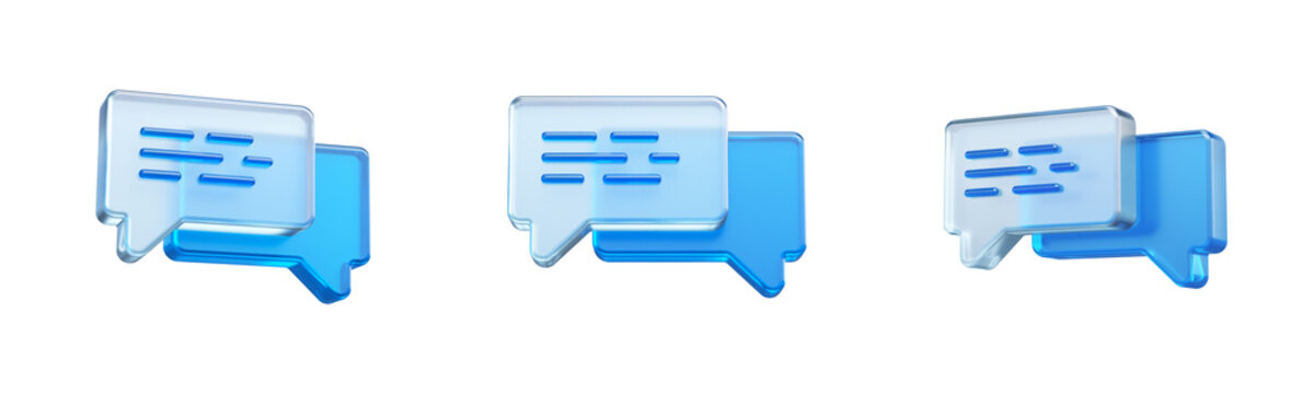 3D Message Bubble Icons Set. Glass speech bubbles for chat interfaces, instant messaging, customer communication and social media applications.