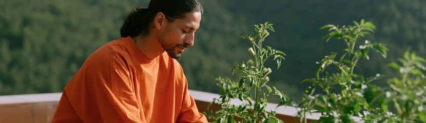 Obraz premium Man in orange sweater gardening on balcony with green plants overlooking forested hills for urban nature and wellness background