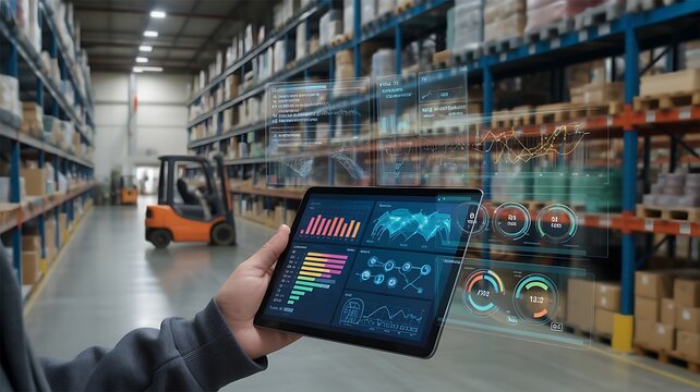 AI-powered business analytics dashboard above a tablet in a warehouse, displaying real-time inventory, logistics, supply chain metrics, data visualization, and automation insights. 