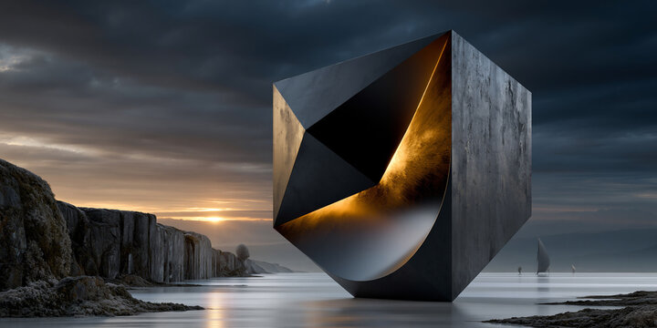 floating black cube emitting golden light over endless white landscape, impossible balance luxury future concept with golden glow, posthuman luxury vision of ai wealth and innovation landscape