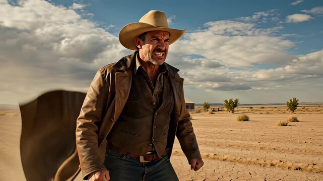 ?Dramatic cowboy strides through desert with windblown coat under vast sky