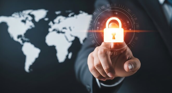 Hand pointing at glowing orange padlock over map security