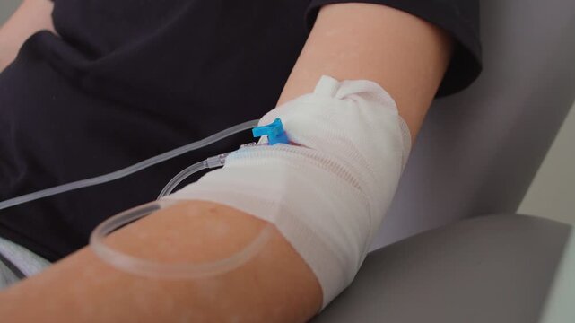 Close up of intravenous access in cancer patient arm during chemotherapy treatment, oncology procedure detail illustrating medical care and recovery