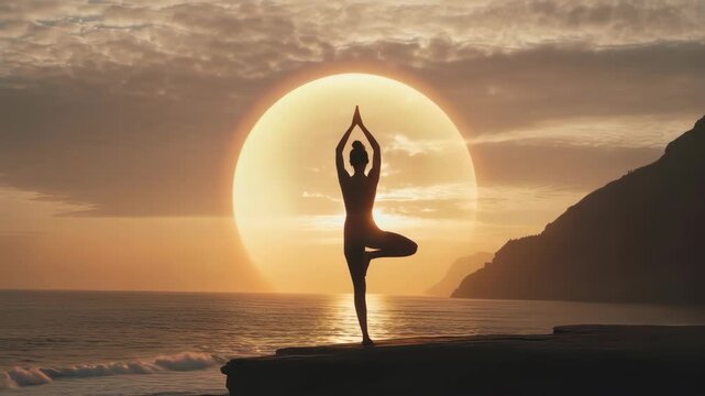 A slender woman practices a peaceful tree yoga pose while standing on a rocky cliff during a vibrant golden hour sunset against a massive glowing sun