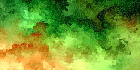 Abstract Geometric Pattern in Green and Orange Hues A visually striking abstract artwork featuring a mosaic of irregular geometric shapes in vibrant shades of green, yellow, and orange. © Sakib