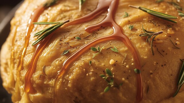 Buttery crust with herb flecks (rosemary, thyme, parsley) and cracked black pepper, tiny streaks of pan jus shining in the crevices 