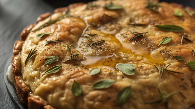 Buttery crust with herb flecks (rosemary, thyme, parsley) and cracked black pepper, tiny streaks of pan jus shining in the crevices 
