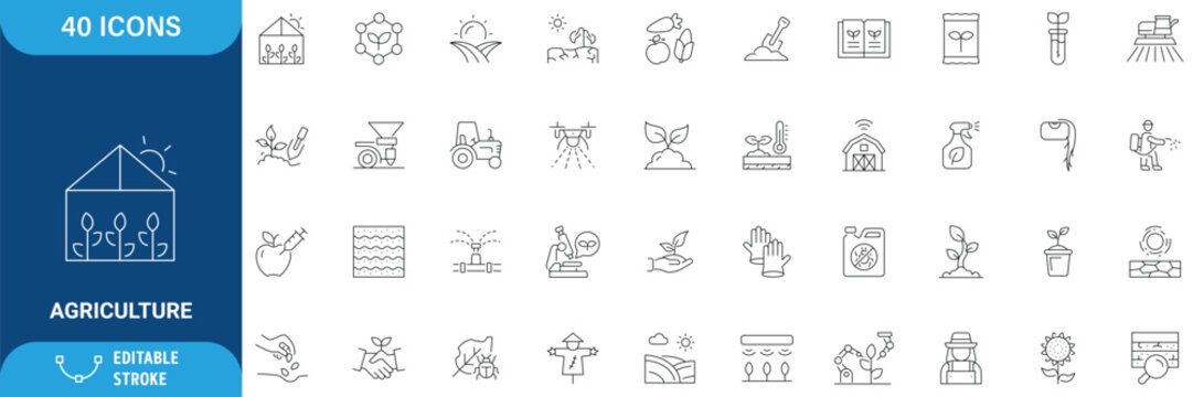 Agriculture Icon Set. Containing Farming, Crop, Harvest, Farmer, Tractor, Livestock, Irrigation, Greenhouse, Organic Farming, Agribusiness and More. Line Icon. Editable Stroke. Vector Illustration