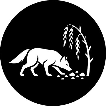 White wolf silhouette walking near willow tree.