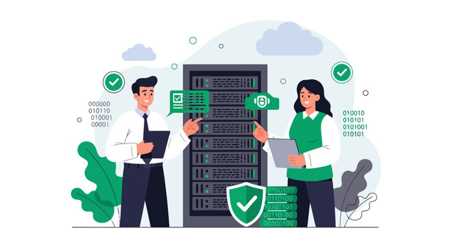IT professionals managing secure server infrastructure with data protection.