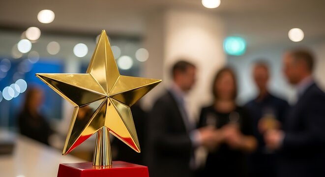 Golden star trophy on red base with blurred people in background