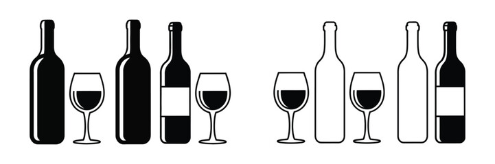 Fototapeta premium Wine bottle icons, wine glass symbols for beverage service, restaurant menus, celebrations and hospitality design, vector illustration.