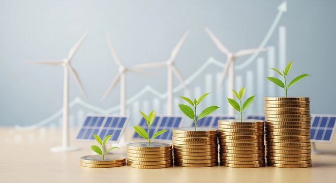 Gold coins with green plants and wind turbines in background