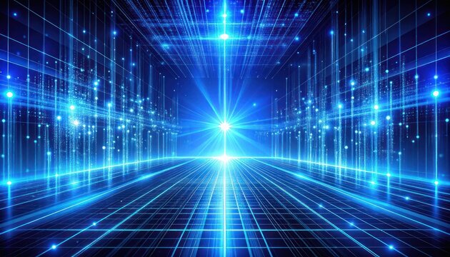 Digital Abstract Space with Neon Blue Grid and Glowing Particles
