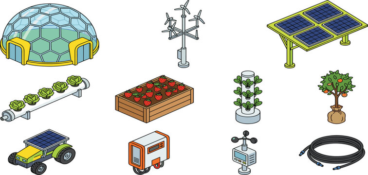 Isometric smart urban farming and hydroponic technology vector elements set featuring geodesic dome greenhouse solar canopy vertical garden tower autonomous agricultural