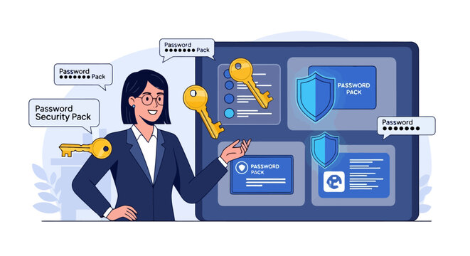 Woman presenting password security pack with keys and digital interface.