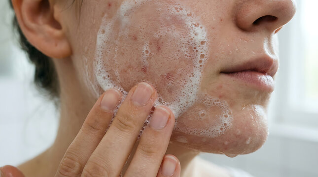 Woman Cleansing Acne-Prone Skin with Foaming Facial Wash for Skincare Product Advertisement