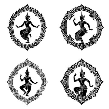 Masterpiece Thai Dancer icon featuring a graceful classical Thai dancer harmoniously combined with lotus-inspired elements in a clean circular composition. Premium black and white vector emblem repres