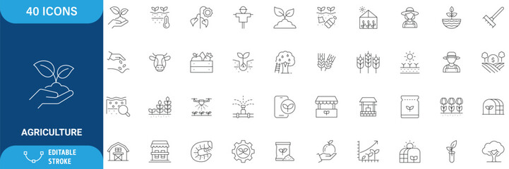 Agriculture Icon Set. Containing Farming, Crop, Harvest, Farmer, Tractor, Livestock, Irrigation, Greenhouse, Organic Farming, Agribusiness and More. Line Icon. Editable Stroke. Vector Illustration © Designer