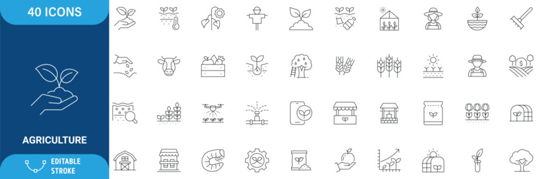 Agriculture Icon Set. Containing Farming, Crop, Harvest, Farmer, Tractor, Livestock, Irrigation, Greenhouse, Organic Farming, Agribusiness and More. Line Icon. Editable Stroke. Vector Illustration