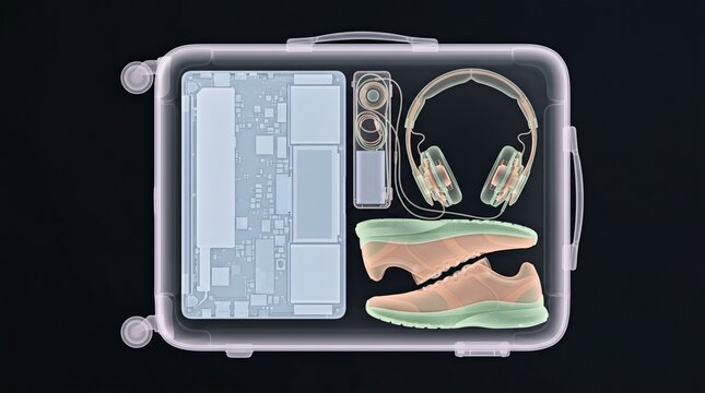An x-ray view reveals the contents of a travel suitcase including a laptop, headphones, and sneakers. travel security, airport screening, tech lifestyle.