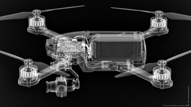 An x-ray view exposes the internal circuitry, motors, and camera of a modern quadcopter drone. modern technology, engineering design, digital innovation.
