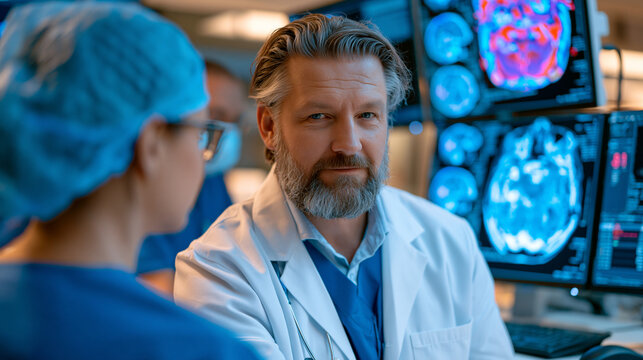 Emergency neurologist reviews incoming traumatic brain injury patient scans in hospital trauma bay while trauma nurse documents Glasgow Coma Scale readings and treatment team coordinates around mobi
