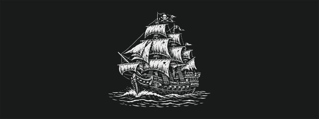 Pirate Warship Vintage Vector Clothing Apparel Illustration. Download it in high resolution © Hasan