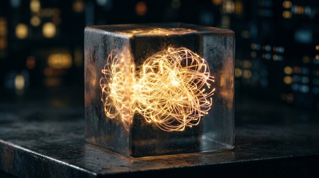 A glowing orb of golden energy is trapped inside a transparent glass cube on a dark surface. futuristic technology, quantum physics, abstract concept.