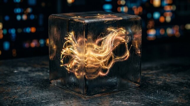 Glowing golden energy core trapped inside a transparent cube on a dark metallic surface. futuristic technology, quantum power, abstract science.