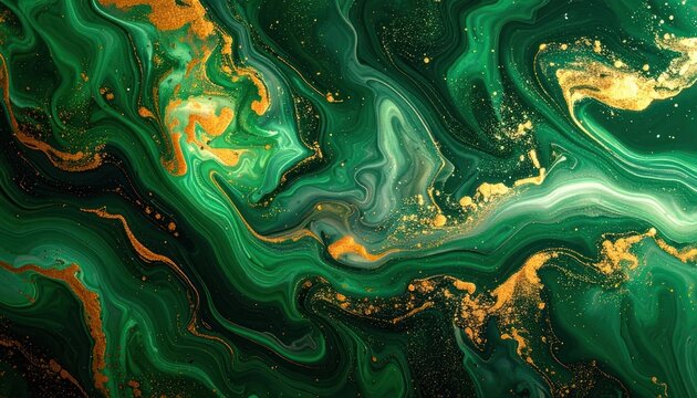 An abstract swirling pattern of emerald green and gold, resembling malachite or a marbled effect.