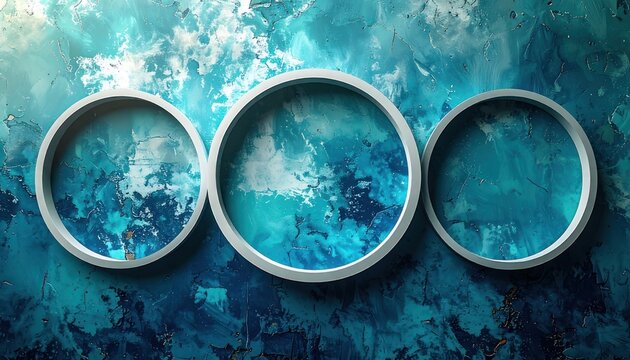 Three interlocking white rings are superimposed on a textured blue and turquoise background with a marble-like effect.