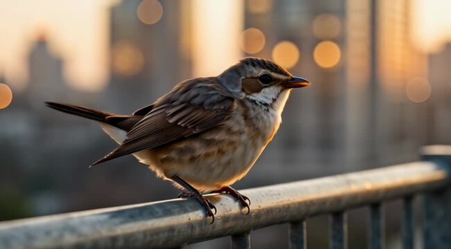 Bird Perched on Metal Railing Outdoors.