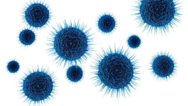 Blue spiky virus particles microscopic organisms, isolated on transparent background
