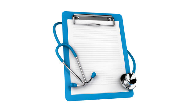 Blue clipboard with blank lined paper and stethoscope, isolated on transparent background