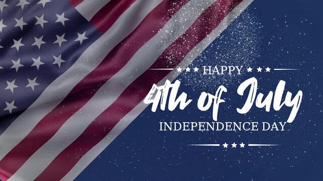 Happy 4th of July greeting animation, lettering text with waving USA flag background and fireworks splash, Happy Independence Day US flag blue sky background. Fourth of july. 4k seamless loop