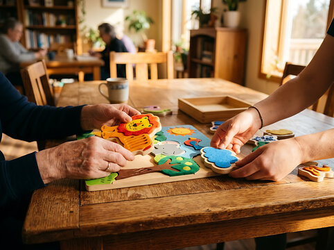 Two people, an older adult and a younger person, collaboratively assemble a colorful wooden animal puzzle on a rustic table in a warm, sunlit room.