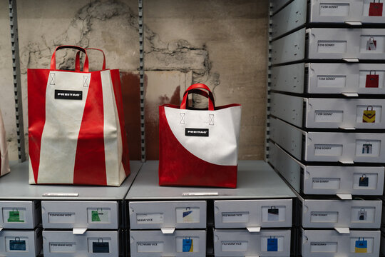 December 17, 2025: Freitag bags, which are made of used truck tarps, discarded bicycle inner tubes, and old car seat belts, were on display in a shop in Tokyo, Japan.