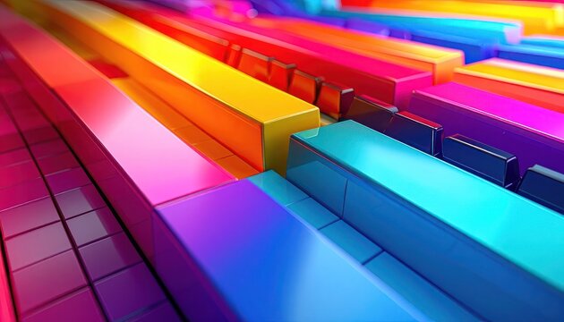A close-up, abstract perspective of colorful, metallic bars arranged in parallel rows with a slight blur suggesting movement or depth.
