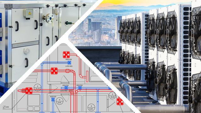 HVAC engineering, Climate control design. Ventilation units, rooftop cooling equipment and technical plans show building air system project.