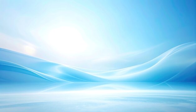 An abstract background with flowing blue and white waves reflecting on a glossy surface.