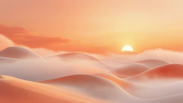 Soft rolling hills enveloped in peachy mist at sunrise or sunset