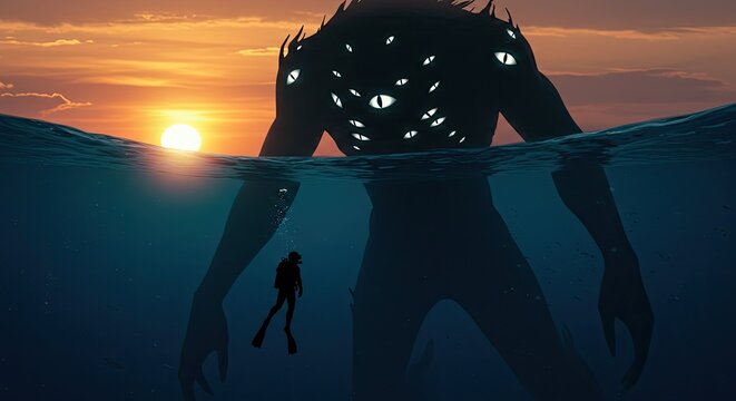 Giant monster under water with diver.