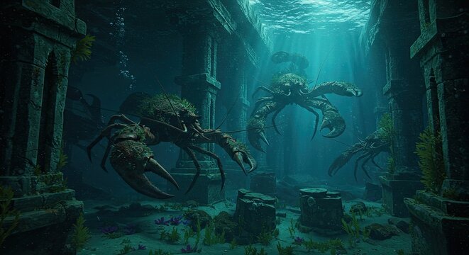 Giant spider underwater ancient ruins scene.