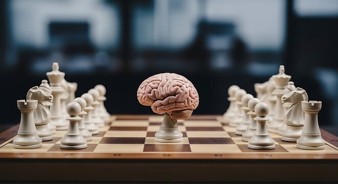 Brain model on chessboard with white chess pieces white pawns