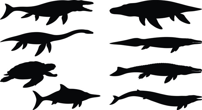 Prehistoric Marine Reptile Silhouette Collection with Ancient Ocean Creatures