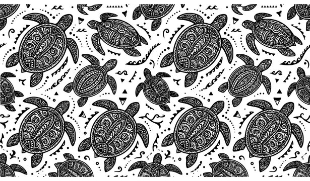 Seamless Sea Turtle Pattern with Tribal Maori Ornaments and Abstract Marine Elements for Polynesian Tattoo Style Backgrounds, Fabrics, and Summer Wrap Designs