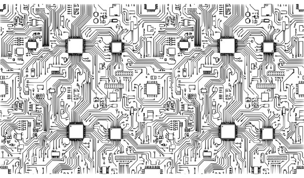 Abstract Circuit Board Seamless Pattern with Microchips and Electronic Line Traces for Technology, Engineering, Digital Backgrounds, and Cyberpunk Textures
